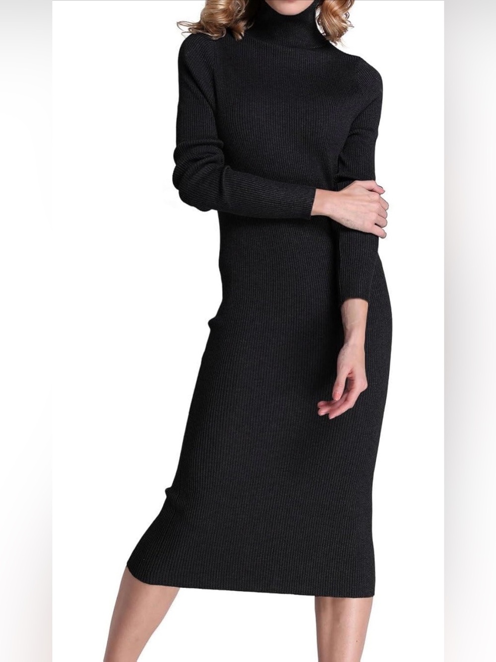 Rocorose Classic Turtleneck Knit Midi Dress, Ribbed, Black, Bodycon, Long Sleeve